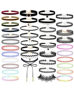 Prohouse Gothic Womens Rubber Pendant Necklace Chain Double Line Henna Tattoo Choker Necklace Stretch Elastic Set (40PCS